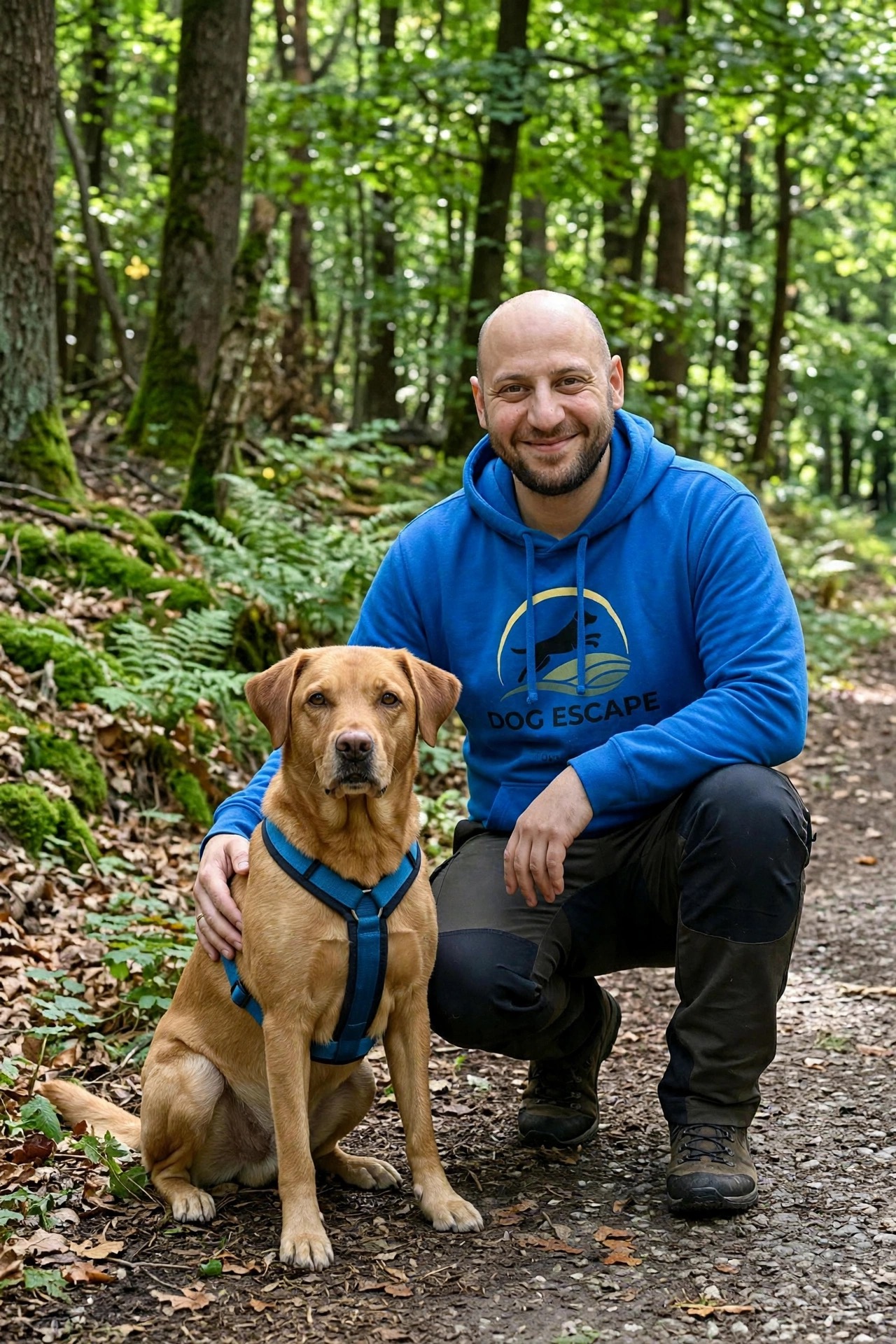 Philipp Roth mit seinem Hund Benny im Wald